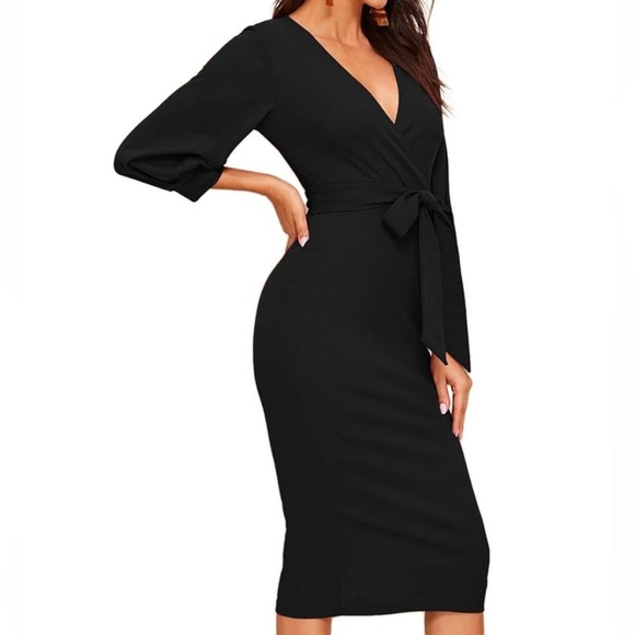 Women's Long-Sleeve Wrapped/Belted Bodycon Dress - Black- XL - Picture 3 of 11